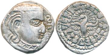 Guptas, Skanda Gupta, Silver Drachma, 2.28g, “Peacock-Madhyadesha” type, Obv: Profile bust