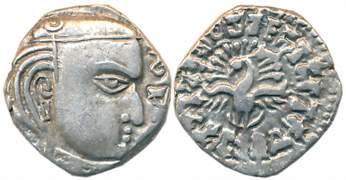 Guptas, Skanda Gupta, Silver Drachma, 2.37g, “Peacock-Madhyadesha” type, Obv: Profile bust