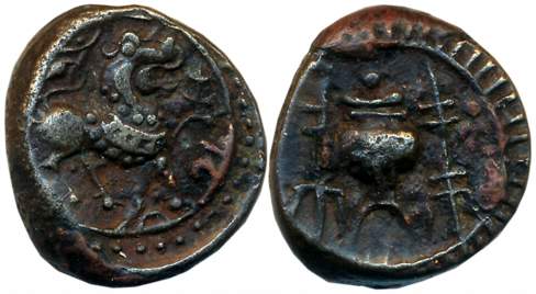 Vishnukundin, Andhra Region, Copper Base Alloy, 10.02g, Obv: Lion facing right front Sriva