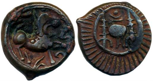 Vishnukundin, Andhra Region, Copper Base Alloy, 9.08g, Obv: Lion facing right front Srivat