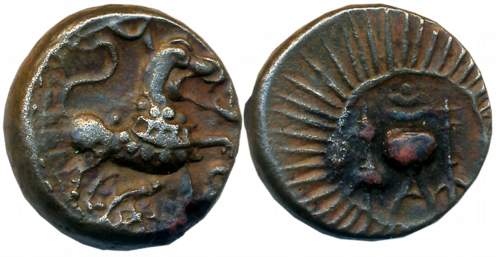 Vishnukundin, Andhra Region, Copper Base Alloy, 9.10g, Obv: Lion facing right front Srivat