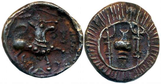 Vishnukundin, Andhra Region, Copper Base Alloy, 7.68g, Obv: Lion facing right front Srivat