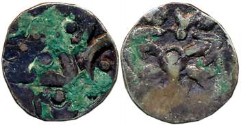 Punch Marked, Attributed to Kuru Janapada, Haryana Region, Silver 1/2 Karshapana, 1.47g, “