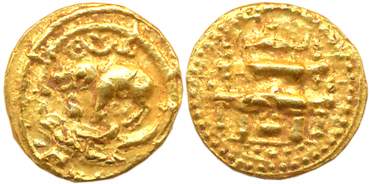 Chalukyas of Badami, Anonymous Issue, Gold Gadyana, 3.98g, Obv: Caparisoned Varaha- Boar f