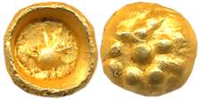 Chalukyas of Kalyani, Gold Navilachchu Are Hana (Half Fanam), 0.15g, Obv: Peacock facing l