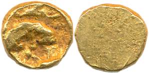 Chalukyas of Kalyani, Unattributed, Gold Fanam, 0.44g, Uniface, boar standing to left, cap