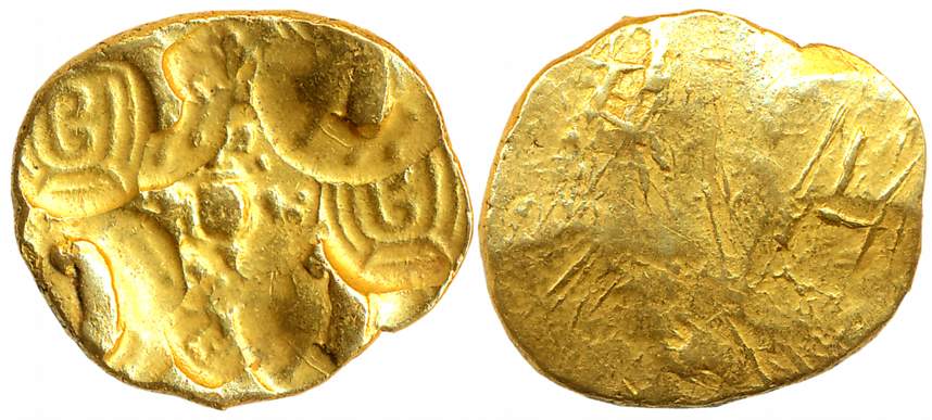 Chalukyas, Kirtivarma, Gold Punch Marked Gadyana, 3.79g, Unifaced, Yama (God of Death), Ya