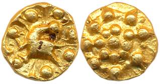Medieval Karnataka, Anonymous Gold Fanam, 0.59g, Obv: Full bloomed Lotus, Rev: Peacock fac