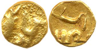 Imperial Cholas, Kulottunga I, Gold Fanam, 0.42g, Obv: Seated tiger facing Fish on the rig