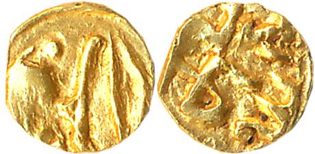 Imperial Cholas, Kulottunga Chola I, Gold Fanam, 0.08g, Obv: Tiger Seated beside lampstand