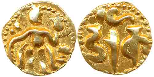 Ceylon Chola, Gold Fanam, 0.54g, Obv: King standing facing to right, holding sankh and alt
