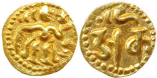 Ceylon Chola, Gold Fanam, 0.53g, Obv: King standing facing to right, holding sankh and alt