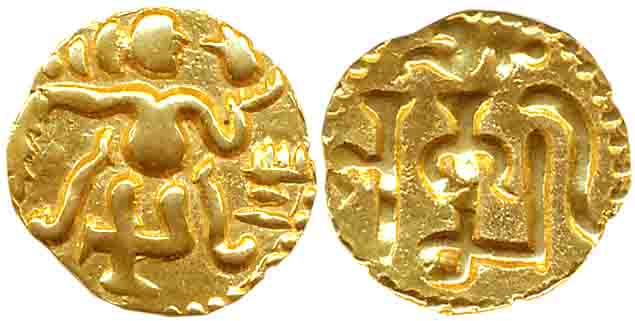 Ceylon Chola, Gold Fanam, 1.03g, Obv: King standing facing to right, holding sankh and alt