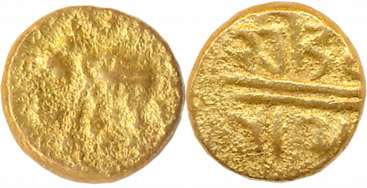 Vijaynagar Empire, Devaraya II, Gold 2 Fanam, 0.85g, Obv: Elephant moving to left, Sun & M