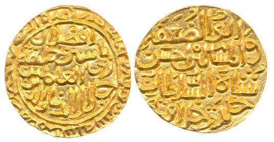 Jalal al Din Ahsan Shah, Gold Tanka, Hadrat Madhura Mint, AH 736, 11.00g, Obv: Persian leg
