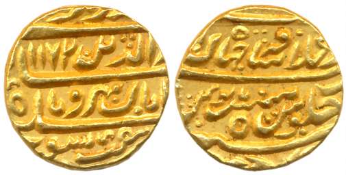 Alamgir II, Gold Mohur, 10.86g, Dar ul Khilafat Shahjahanbad Mint, AH 1172/ RY 5 (KM# 466.