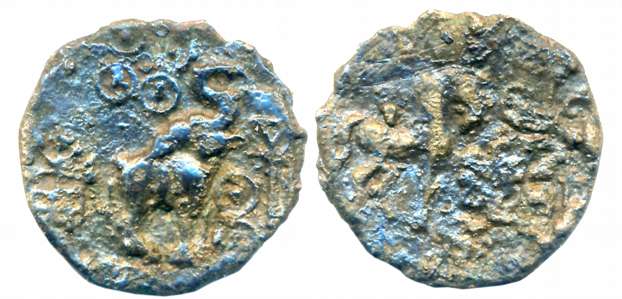 City State, Suktimati, Copper, 3.29g, Obv: Horse facing to right, Srivatsa in railing fron