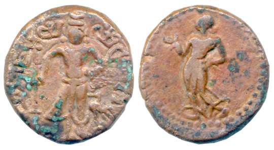 Yaudheyas, Copper, 10.79g, Obv: Lord Kartikeya standing with Peacock, Brahmi legend “Yaudh