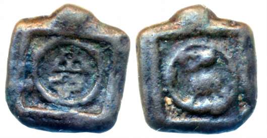 Deccan, Square Cast Copper, 6.43g, Obv: Three-arched hill, hollow cross with in circle, Re