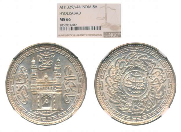 Mir Mahbub Ali Khan, Silver 8 Anna, AH 1329/ RY 44 (Y# 39.2). Slab & Graded by NGC as MS 6