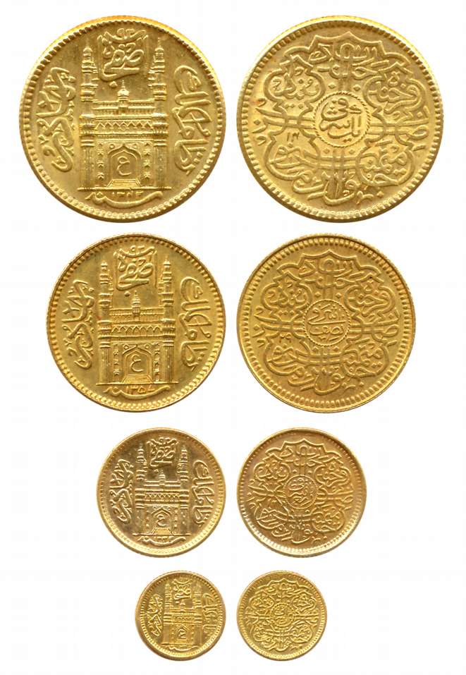 Mir Usman Ali Khan, Complete set of Gold 4, Gold Ashrafi, 1/2 Ashrafi, 1/4 Ashrafi, 1/8 As
