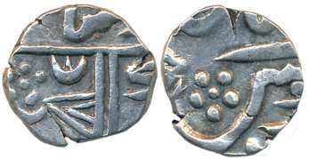 Silver 1/4 Rupee, 2.61g, Chitor Mint, in the name of Alamgir II, flag and crescent on reve