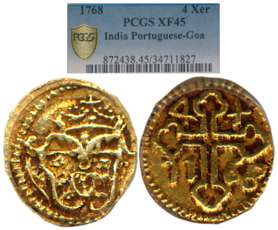 Goa, D. Jose, Gold 4 Xerafins, 1768, Obv: Crowned arms, Rev: Cross divides value & date (G