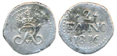 Frederik VI, Silver 2 Fano, 2.57g, 1816, Obv: Crowned FR monogram with VI between and belo