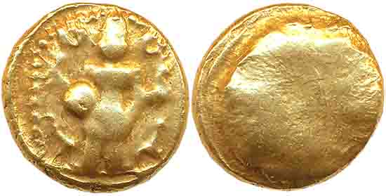 Gold Pagoda, 3.42g, Obv: Lord Venkateshwara standing within a decorated frame with a Shank