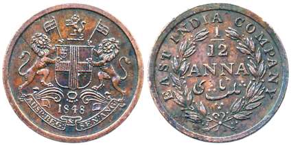 Copper 1/12 Anna, 1848, Calcutta Mint, Lions holding flags and supporting arms (Prid# 163)