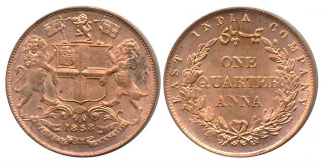 Copper 1/4 Anna, 1858, Lions holding flags and supporting arms (KM# 463.1). About uncircul