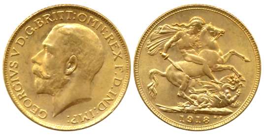 George V, Gold Sovereign, 7.99g, 1918, Bombay Mint, “I” Mint Mark, Obv: Head facing to lef