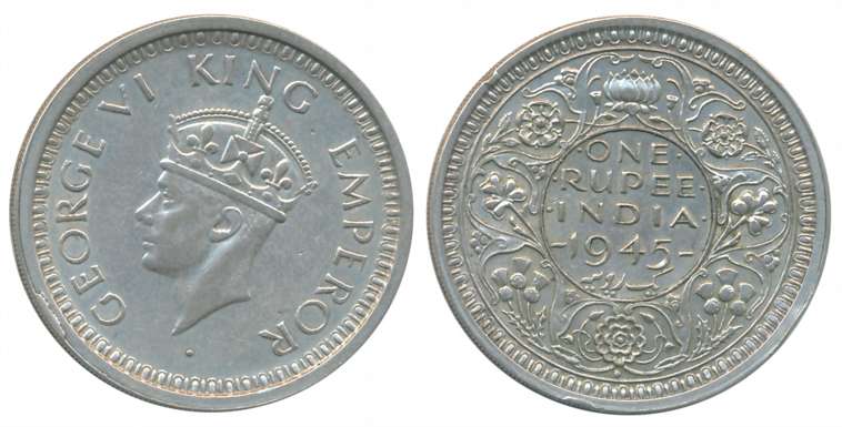 George VI, Silver Rupee, 1945, Bombay Mint, Large 5. About extremely fine, rare.