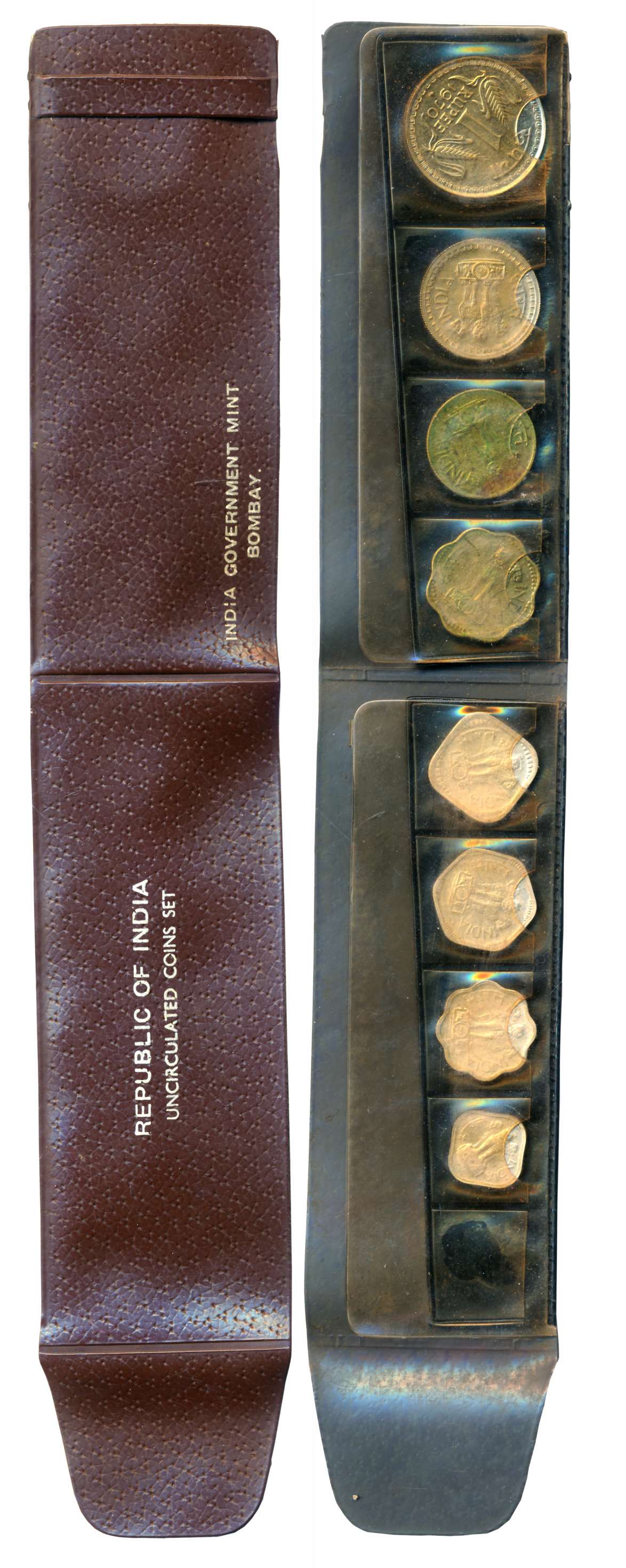 1970, Uncirculated strip of regular issue, Set of 8, Rupee 1, Paise 50, 25, 10, 5, 3, 2, 1