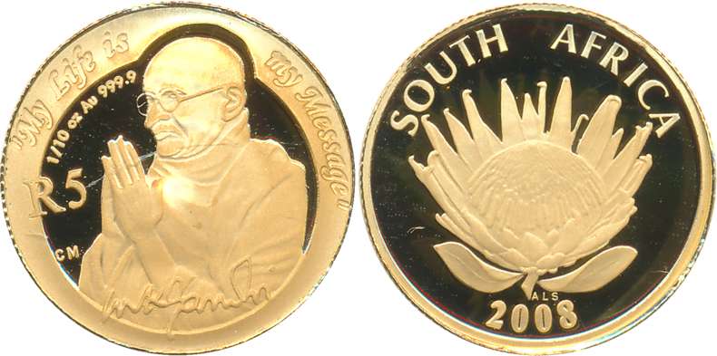 South Africa, Gold 5 Rand, 3.12g, Proof, 2008, “Mahatma Gandhi”. In original box of packin