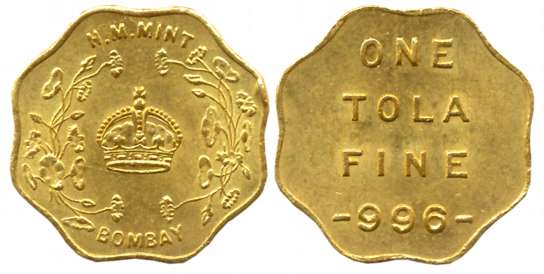 Gold 1 Tola, 11.66g, H M Mint Bombay, Obv: Crown within wreath and Bombay below, Rev: 1 To