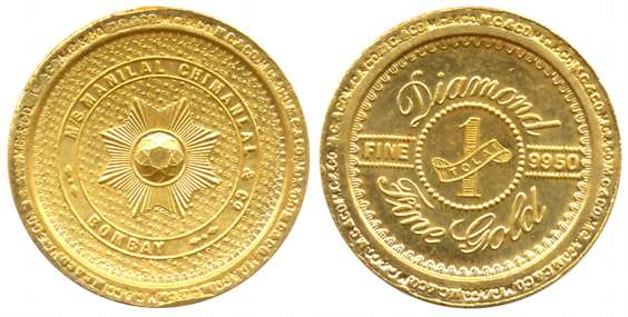 Gold 1 Tola Token, 99.50 Fine, 11.67g, Manilal Chimanlal & Co. Bombay, Diamond type, Obv: 