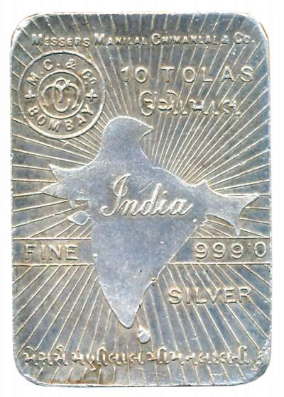 Silver Bar 10 Tolas, 116.78g, M/s Manilal Chimanlal & Co. Bombay, map of undivided India w