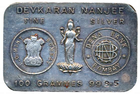 Silver Bar, 100.00g, Dena Bank, Bombay, Post-1950 issue, Last 2 Digits of purity is hand e