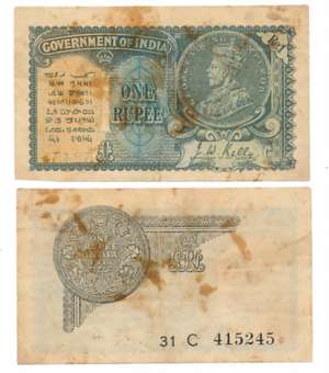 George V, Rupee 1, 1935, 2nd issue, Type 3.2, Signed J.W. Kelly, Prefix 31/C (R IPM# 3.2.1