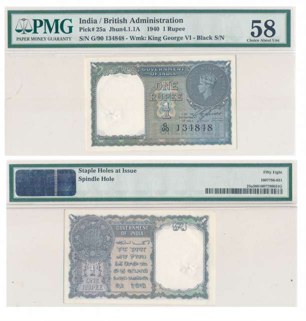 George VI, Rupee 1, 1940, Type 4.1, Signed C.E. Jones, Prefix G/90, Serial number in Black