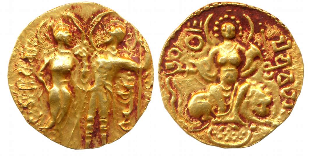 Guptas, Chandra Gupta I, Gold Dinar, 7.42g, “King and Queen” type, Obv: Nimbate king stand