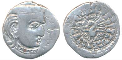 Guptas, Skanda Gupta, Silver Drachma, 2.42g, “Peacock-Madhyadesha” type, Obv: Profile bust