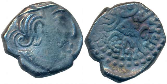 Traikutakas, Dharasena son of Indradatta, Silver Dracham, 1.69g Obv: Bust of king facing r