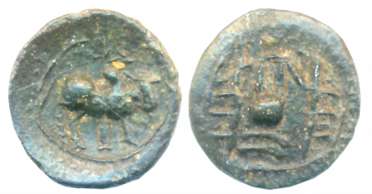 Vishnukundin, Copper Base Alloy, 1.49g, Obv: Bull facing right within circle, Rev: Conch s