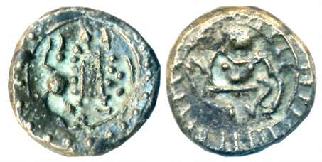 Vishnukundin, Copper Base Alloy, 3.87g, Obv: Lion facing right, Rev: Goddess seated cross 