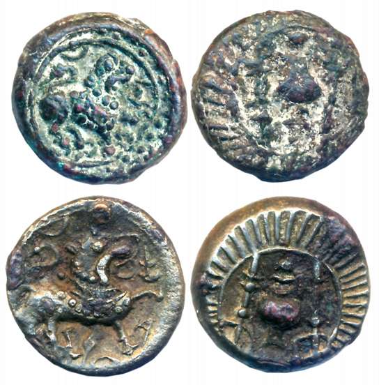 Vishnukundin, Copper Base Alloy (2), 9.98g, 8.68g, Obv: Lion facing to right, Rev: Conch s