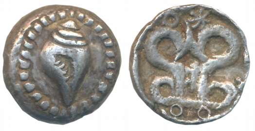 Burma, Mon Kingdom of Hamsavati, Silver Unit, 9.95g, Obv: Conch shell within beaded border