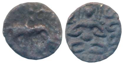 Rashtrakutas, Silver Drama, 0.31g, Obv: Elephant with rider marching to right, Rev: Goddes