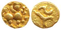 Chalukyas of Kalyana, Someshwara II, Bhuvanekamalla, Gold Haga-1/4 Fanam, 0.10g, Obv: Lion